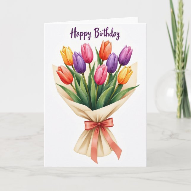 Cartão de Buquê de Tulipas para Desejos de Anivers (Frente)