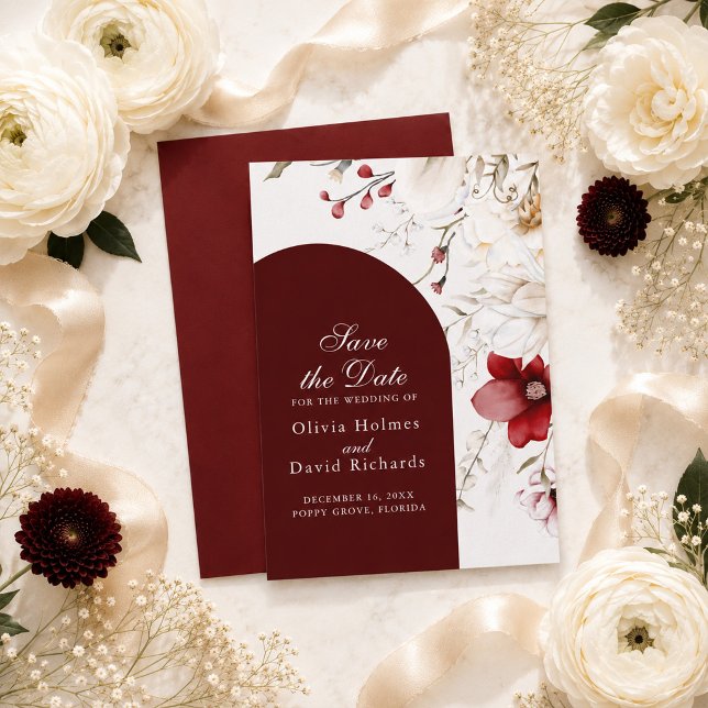 Cartão de Burgundy Ivory Floral para Salvar a Data (Burgundy Ivory Floral Save the Date Card)