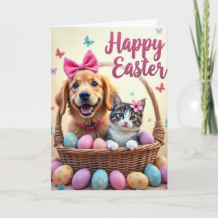 Cartão de Cachorrinho e Gatinho da Primavera