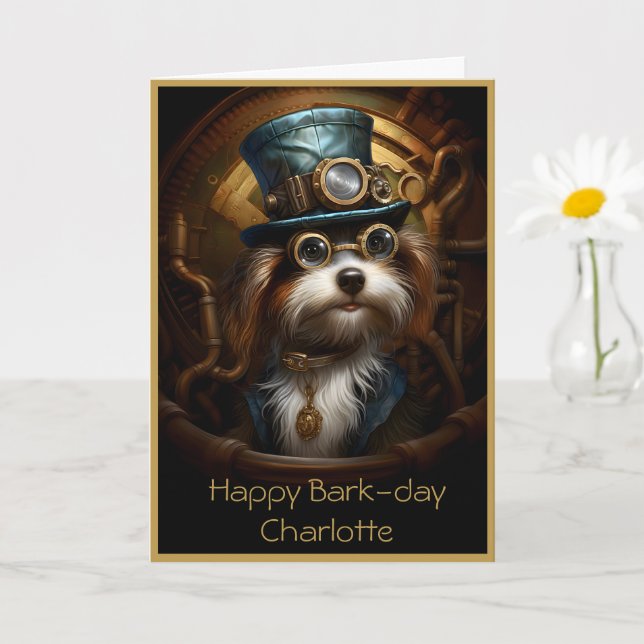 Cartão de Cachorro Steampunk de Aniversário Bonito (Planta pequena)