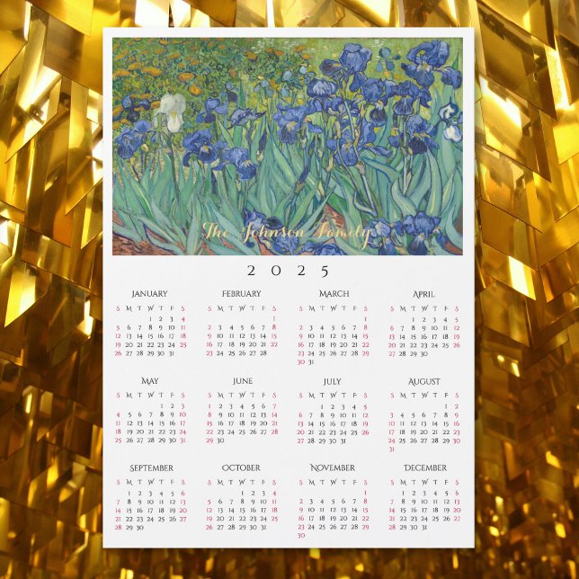 Cartão de Calendário 2025 para as Flores do Irises (Irises Flowers Vincent Van Gogh 2025 Calendar Card)