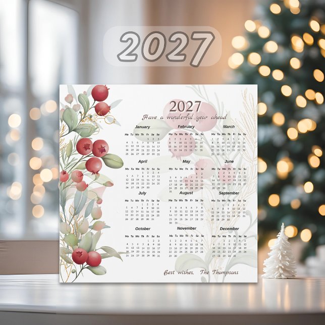 Cartão de Calendário 2027 Red Berries Greenery Ele (Criador carregado)