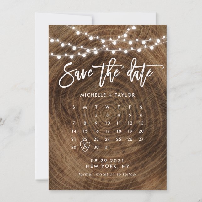 Cartão de Calendário de Madeira para Salvar a Data (Frente)