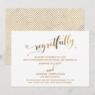 Cartão de Caligrafia Dourada de Casamento Cancelad