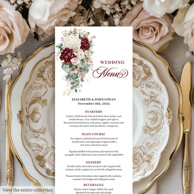 Cartão de cardápio floral de ouro vermelho-escuro (Boho dark red white gold floral wedding menu card

)