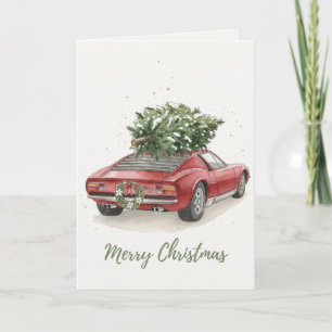 Cartão de carro esportivo vermelho vintage com árv