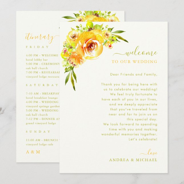 Cartão de Carta de Boas-Vindas de Casamento Amarel (Frente/Verso)