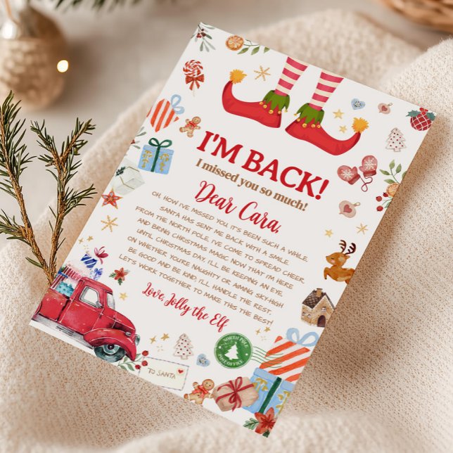 Cartão de Carta de Chegada do Elfo de Natal Estou  (Elf Arrival Christmas I'm Back Letter Card)