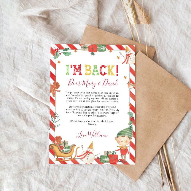 Cartão de Carta de Natal do Elfo Estou de Volta (Criador carregado)