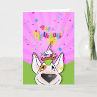 Cartão de Cartoon Bull Terrier "Feliz Aniversário"