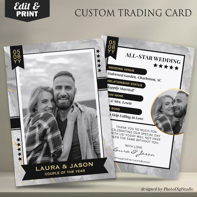Cartão de Casal Personalizado, Casamento Obrigado (Wedding Trading Card Template, Custom Couple Trading Card, Wedding Thank You Card Black Gold & Black)