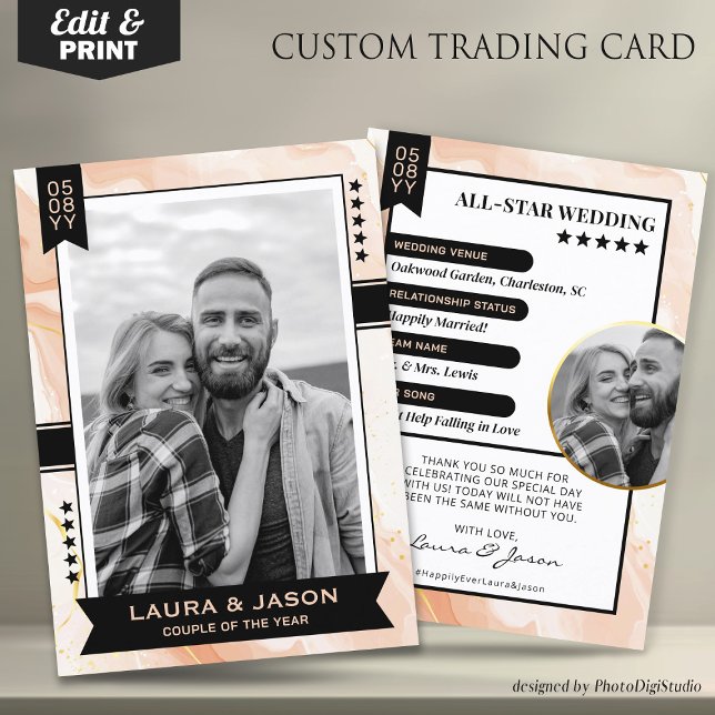 Cartão de Casal Personalizado, Casamento Obrigado (Wedding Trading Card Template, Custom Couple Trading Card, Wedding Thank You Card Rose Gold & Black)