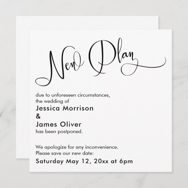 Cartão de Casamento Adiado "Novo Plano" Elegante (Frente/Verso)