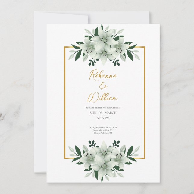 cartão de casamento aquarela em branco esverdeado  (Frente)