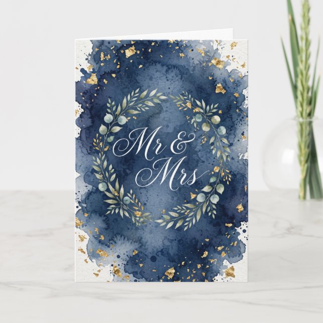 Cartão de casamento azul e dourado simples para Sr (Frente)