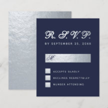 Cartão de Casamento Azul Marinho com Letra Prata R