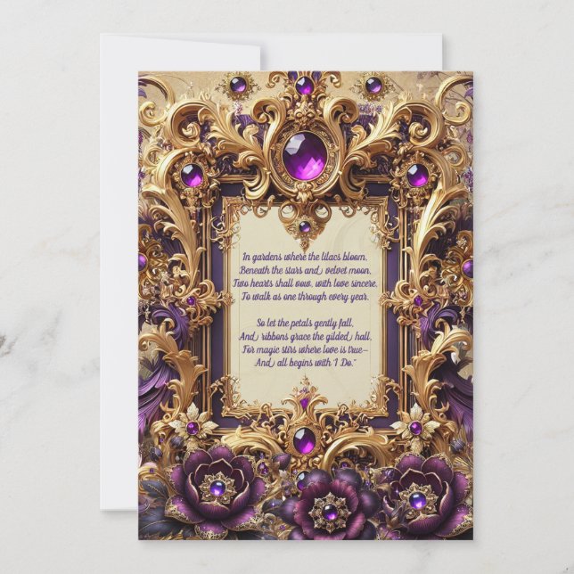 Cartão de Casamento Barroco Roxo Real e Dourado (Frente)