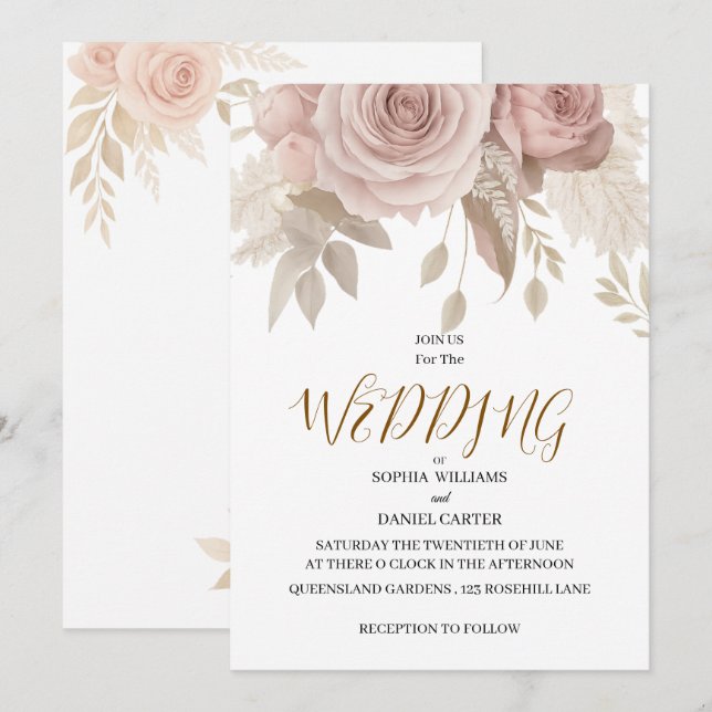 Cartão de Casamento Botânico com Rubor em Ouro Ros (Frente/Verso)