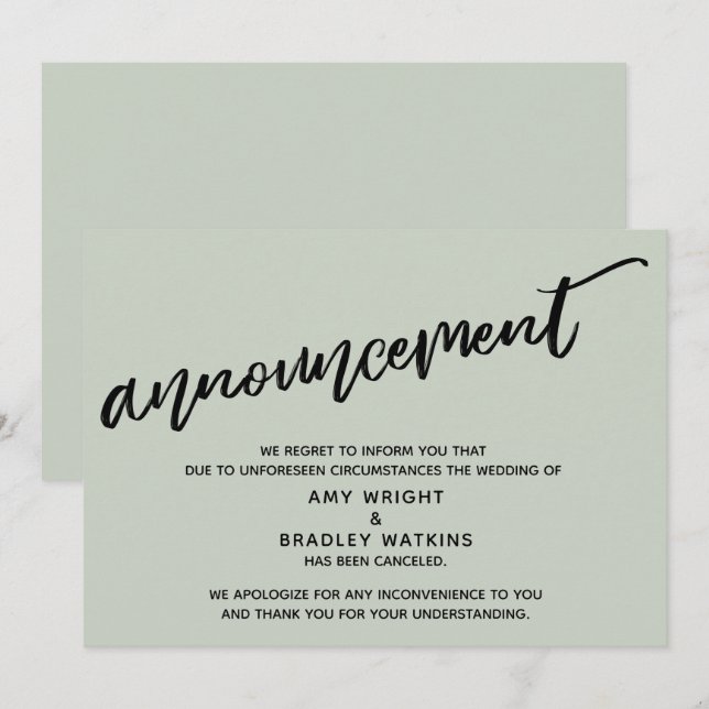 Cartão de Casamento Cancelado Sage Modern Handwrit (Frente/Verso)