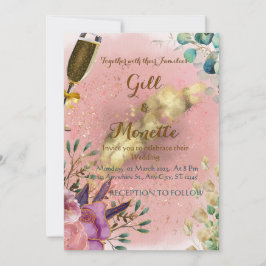 Cartão de Casamento Champanhe Floral