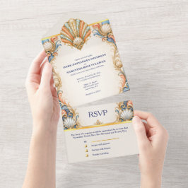 Cartão de Casamento Concha de Coral Marítimo Luxo