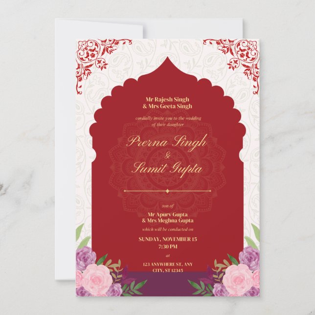 cartão de casamento cor marrom com texto em dourad (Frente)