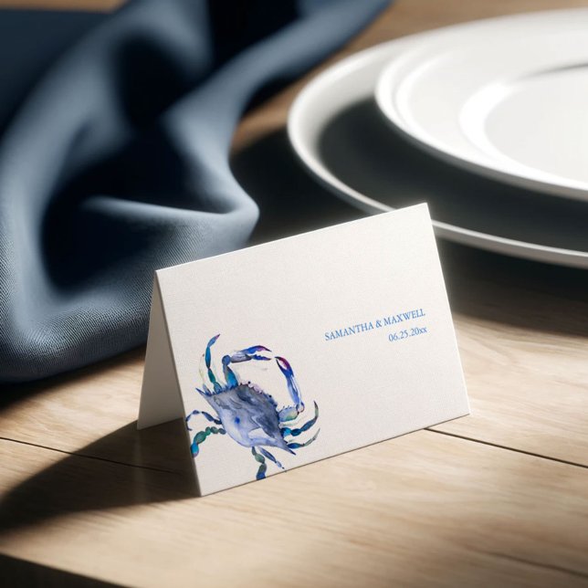 Cartão de Casamento Costeiro de Caranguejo Azul (Crab place cards in shades of blue watercolor art by Victoria Grigaliunas Do Tell A Belle)