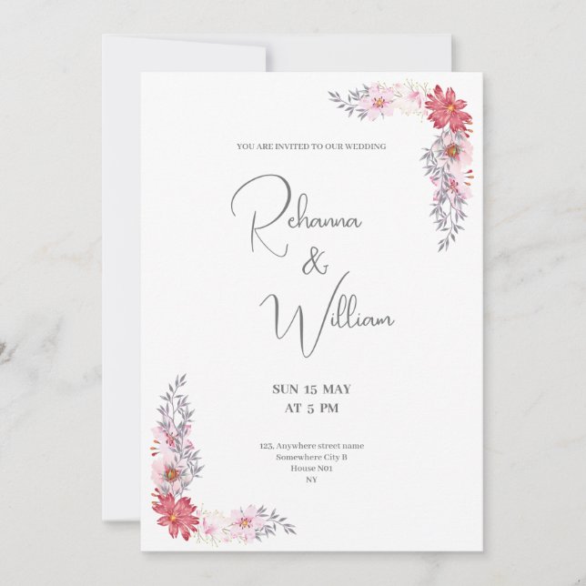 cartão de casamento de aquarela com moldura floral (Frente)