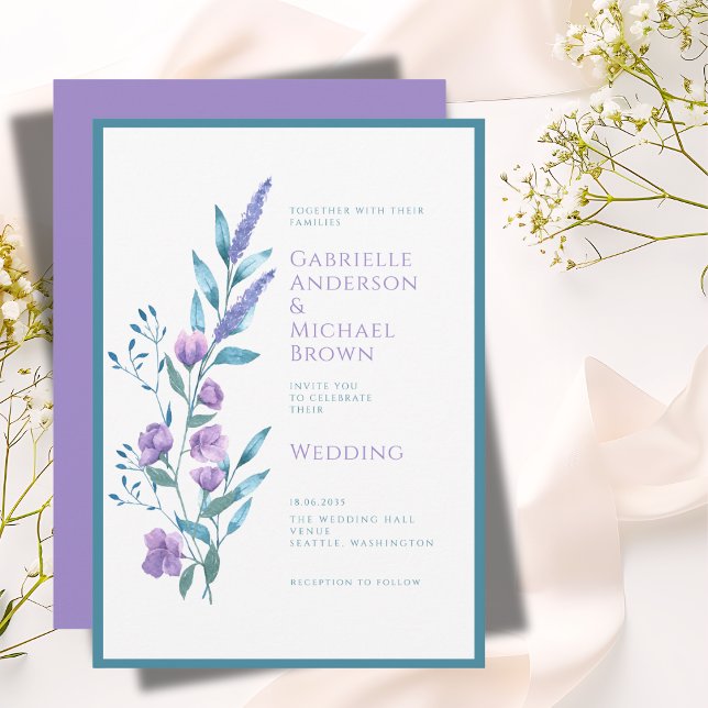 Cartão de Casamento de Aquarela de Lavanda Verde E (Criador carregado)