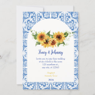Cartão de Casamento de Azulejos Modernos Azul e Br