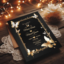 Cartão de casamento de borboletas Ouros pretas