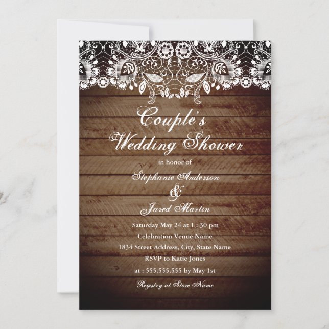 Cartão de Casamento de Casais com Renda de Madeira (Frente)