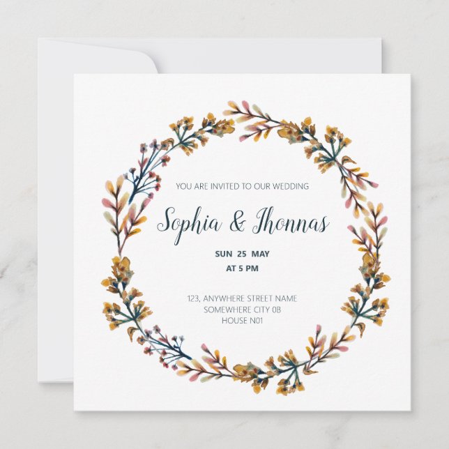 cartão de casamento de círculo floral de primavera (Frente)