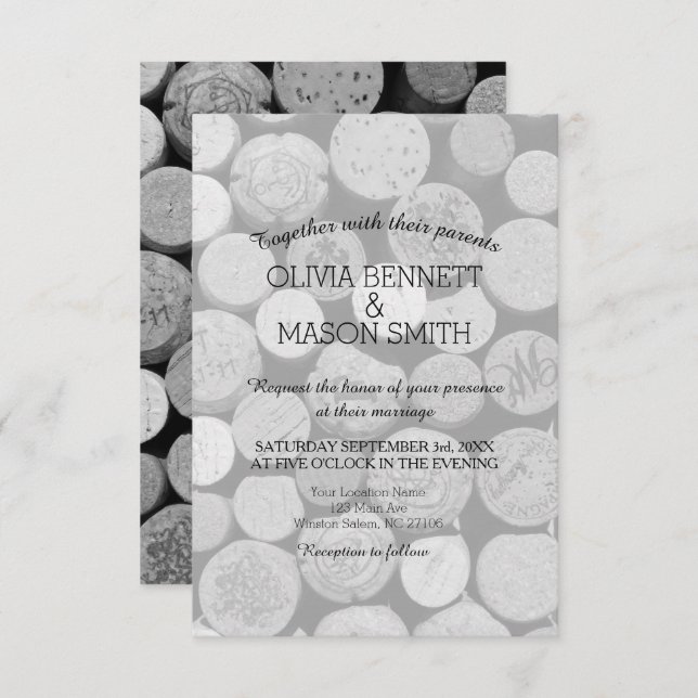 Cartão de Casamento de Cortiça Branca e Negra Eleg (Frente/Verso)