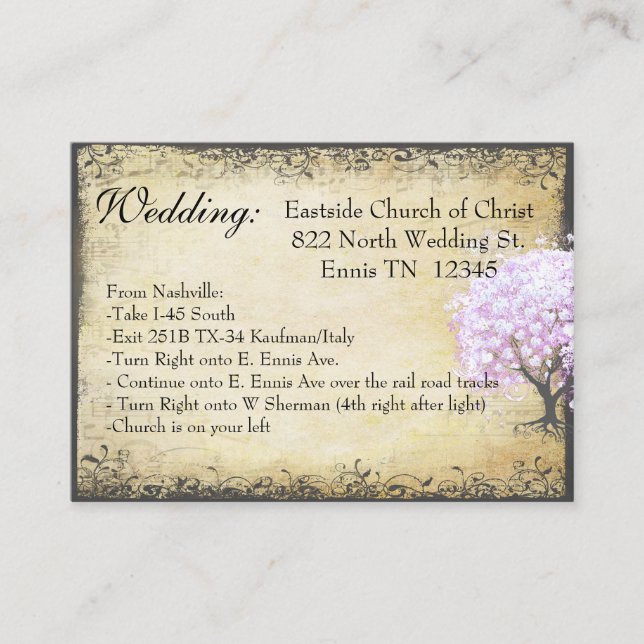 Cartão de Casamento de Direção da Árvore de Lavand (Frente)