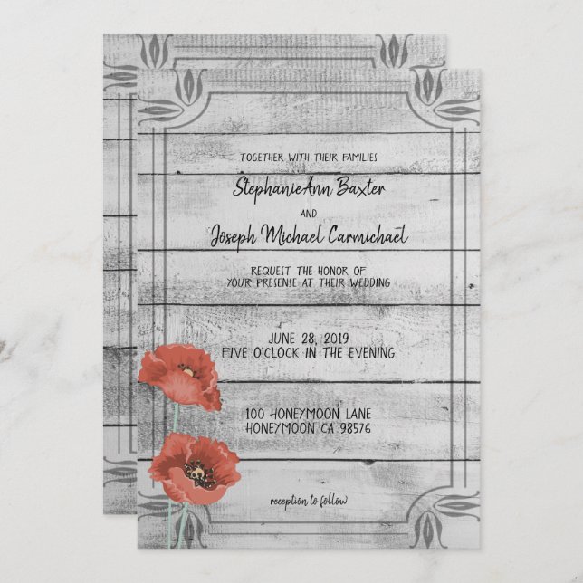 Cartão de Casamento de Flores de Madeira Branca Rú (Frente/Verso)
