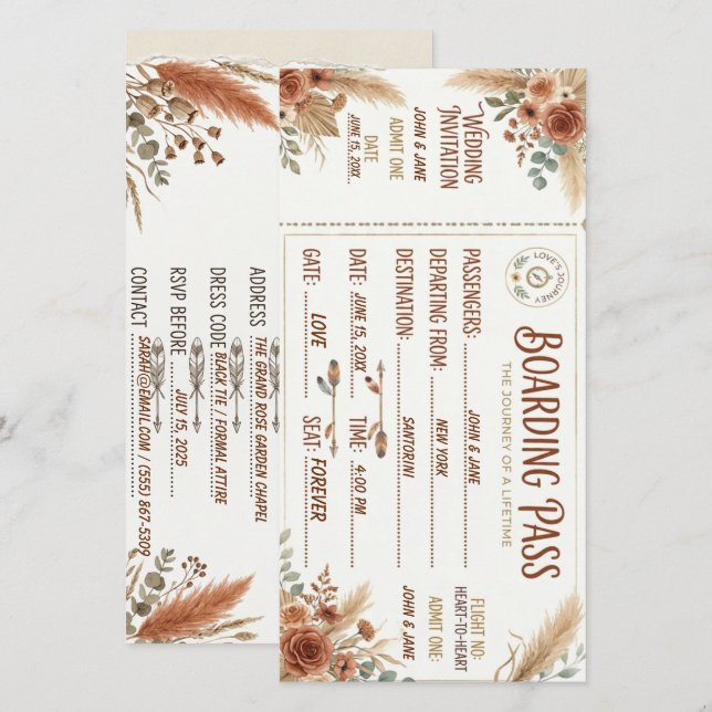 Cartão de Casamento de Passagem de Embarque Rústic (Frente/Verso)