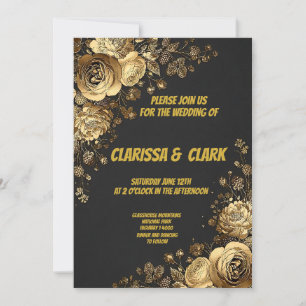 Cartão de casamento decorado com flores douradas e