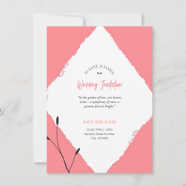 Cartão de Casamento Diamante com Esboço em Vermelh (Frente)