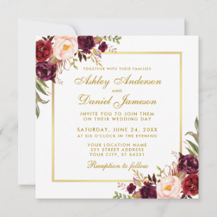 Cartão De Casamento Dourado Para Borgonha Floral 