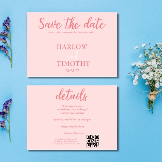 Cartão de casamento elegante Código QR cor-de-rosa (Elegant Wedding card Pink QR code Save the Date)