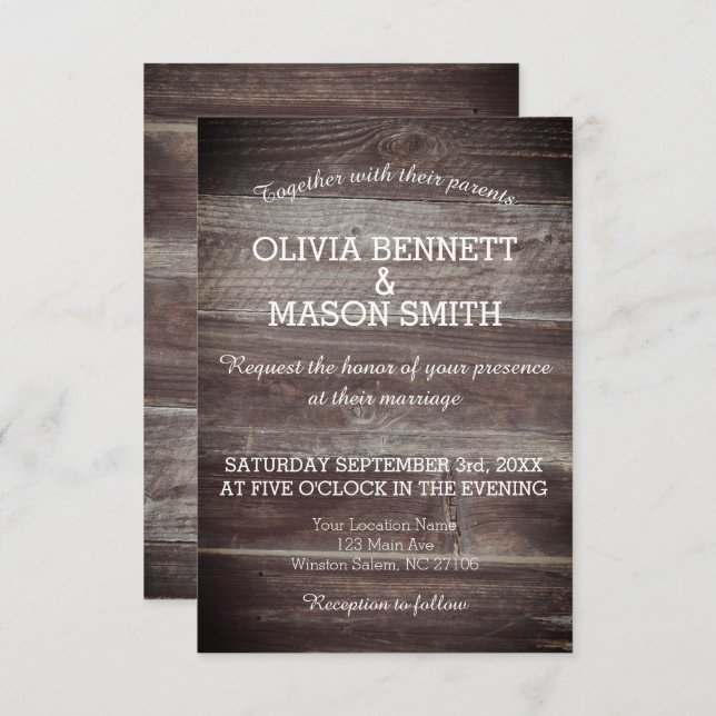 Cartão de Casamento Elegante Rustic Wood texturiza (Frente/Verso)