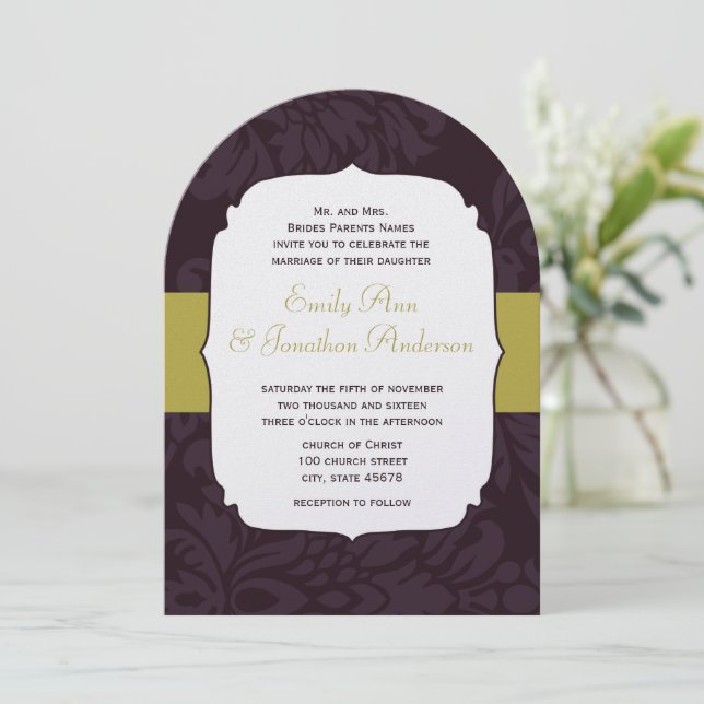 Cartão de casamento em damasco chartreuse de berin (Em pé/Frente)