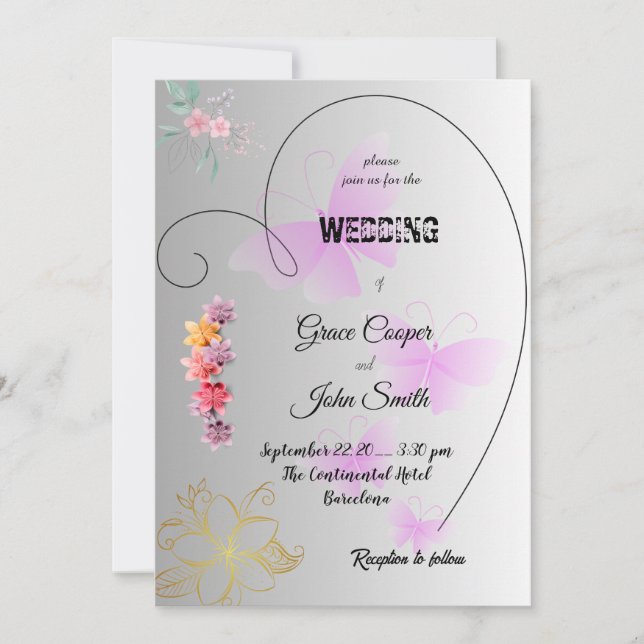 Cartão de casamento em preto e branco com floral  (Frente)