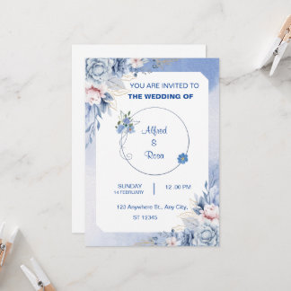 Cartão de Casamento Floral Azul e Branco Suave
