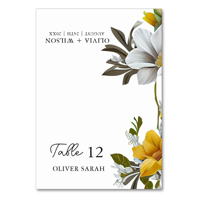 Cartão de Casamento Floral Branco e Amarelo Elegan (Frente)