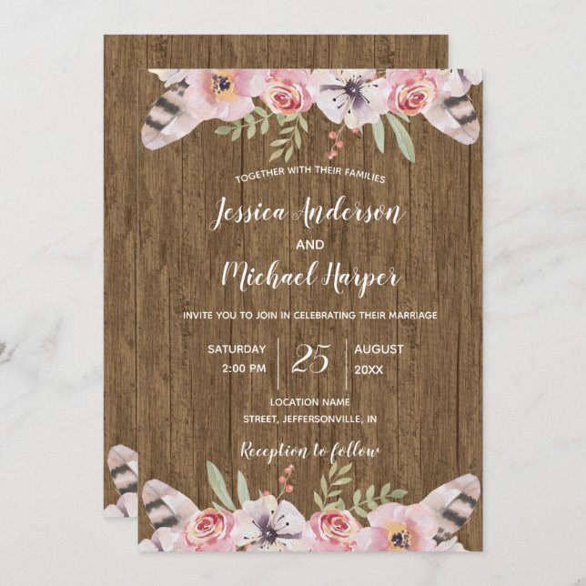 Cartão de Casamento Floral Rustic Boho Wood (Frente/Verso)