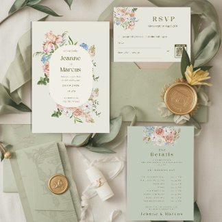 Cartão de casamento floral verde-sálvia e amarelo 