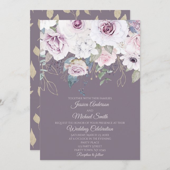 Cartão de Casamento Floral Violet Rosa Dourado LEA (Frente/Verso)