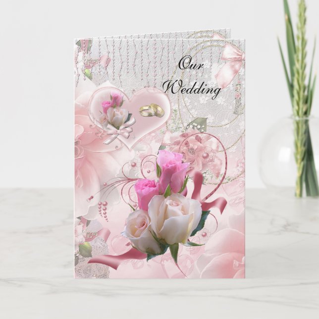 Cartão de Casamento Flores Rosa Anéis (Frente)